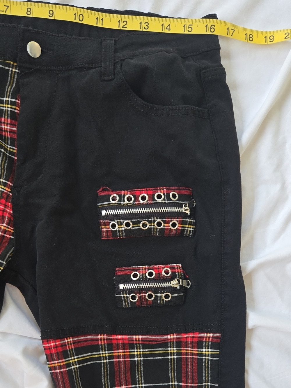 Men's Black Punk Rock Style Jeans With Zippers & Red Squared Patterns In Areas - Picture 6 of 9